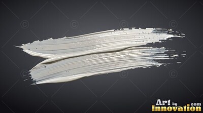 Ridged streaks of wide white paint sweep horizontally through a dark gray backdrop