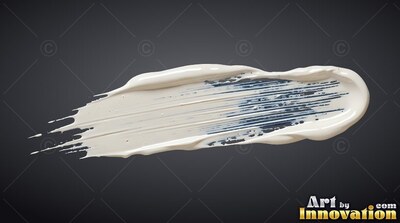 A streak of thick white paint flows across a dark surface, catching soft overhead light