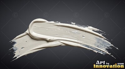 Curving straight across a dark background, thick white paint sweeps in a crest