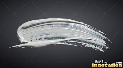 A thick smear of glossy white paint curves across a plain dark background