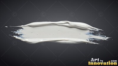 On a dark gray background, a thick white paint stroke spreads horizontally