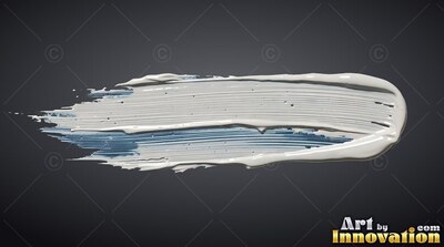 Thick white brushstrokes with blue streaks sweep over a dark gray setting