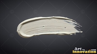 Thick cream paint sweeps horizontally over a plain dark gray background with bright surface sheen