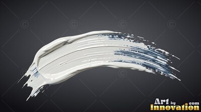 On a dark background, a curved sweep of thick white paint tapers to the right