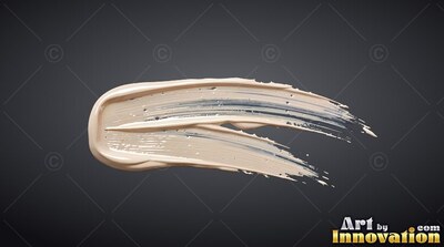 A thick swipe of beige cream sweeps horizontally across a deep gray background