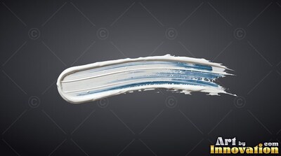 A dense white paint stroke curves sideways, revealing faint streaks of cool blue beneath