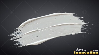 On a dark background, a heavy white paint stroke curves across the center