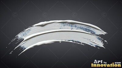 Curving along a dark gray backdrop, a thick stroke of white paint arcs smoothly