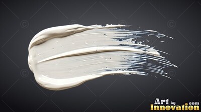 A dense white paint stroke sweeps horizontally, catching soft light on its glossy ridges
