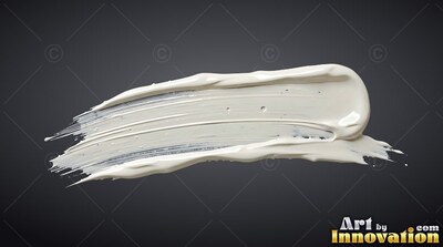 On a slate gray background, a single streak of thick white paint runs across
