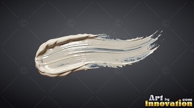 Sweeping across a dark gray surface, a thick stroke of glossy cream paint arches upward