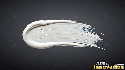On a slate gray background, a dense white paint stroke sweeps to the right