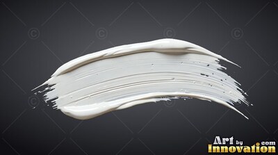 Thick white paint sweeps through a dark gray surface, catching soft light along raised ridges