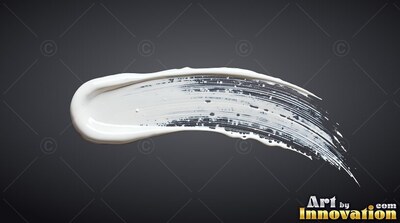 Against a dark gray surface, a thick stroke of white paint curves to the right