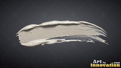 Sweeping horizontally, a thick stroke of glossy gray paint sits on a dark background