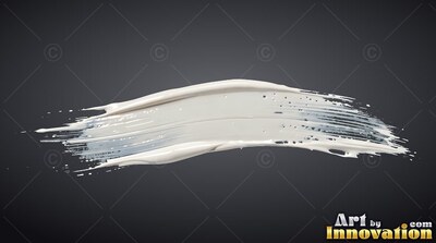 Thick bristles of a white paint stroke sweep along a deep gray background