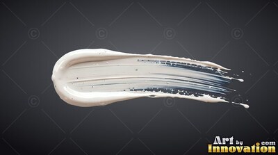 A thick smear of white paint curves across a dark background, catching highlights along wet ridges