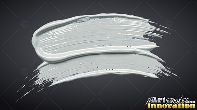 Sweeping straight across dark space, thick shining silver paint forms two ridges