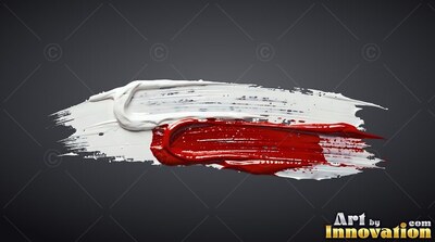 Thick white and red brushstrokes smeared across a plain gray background
