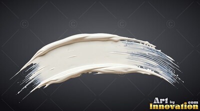 Curved thick stroke of white cream paint over a dark gray surface