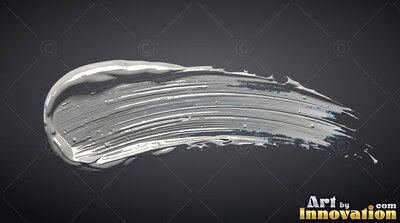 Ridged brush marks define a thick sweep of bright silver paint spread across black