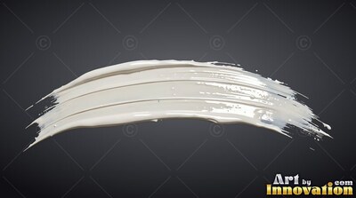 Broad white paint sweeps along a dark background with shiny ridges catching the light