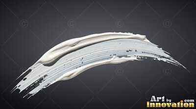 On a dark gray background, a curved stroke of thick white and silver paint arches up