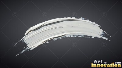 Against a slate gray background, a curved sweep of dense white paint arcs upward