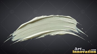 Curving across a deep gray backdrop, a thick smear of pale bright silver paint sweeps upward