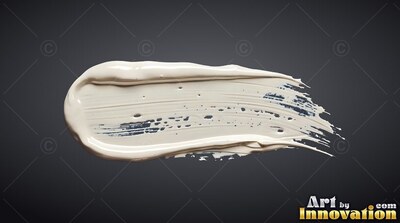 Thick off-white paint smears level across dark gray with smooth raised ridges catching soft light