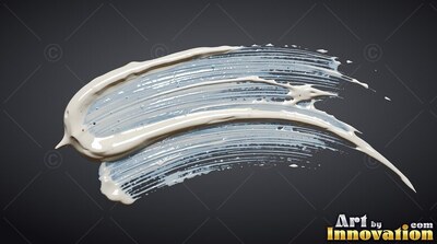 On a deep gray background, a dense white paint stroke curves sideways
