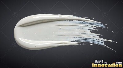 Curved ridges of thick white paint streak across a smooth black surface