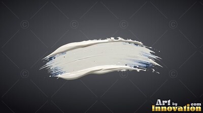 Curving straight across a dark gray space, a thick white paint stroke sweeps by