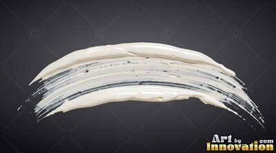 Curving through a charcoal gray backdrop, a thick stroke of glossy white cream paint sweeps sideways