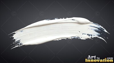 Broad white paint sweeps against a dark background with bright gleams along the edges
