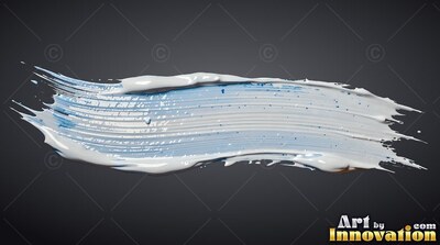 Stretched horizontally on dark gray, a dense white paint smear with blue specks