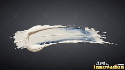 Thick white paint sweeps along a slate gray background with blue undertones