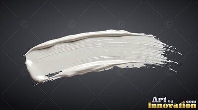 On a dark gray setting, a single curved stroke of broad white paint sweeps across