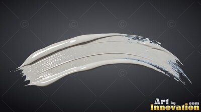 Curving along a deep gray backdrop, a thick stroke of glossy white paint sweeps right
