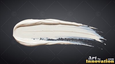 A thick smear of white paint sweeps over a dark background with a glossy sheen