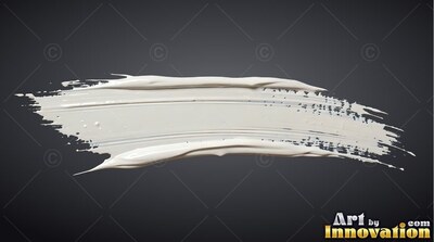 Stretching horizontally on a black field, a broad white paint stroke sweeps across