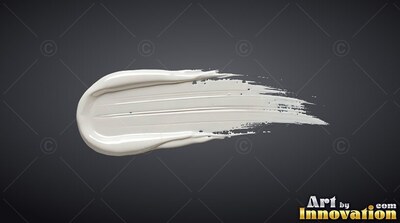 A thick swipe of glossy white paint sweeps across a deep gray background