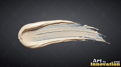 On a plain dark gray background, a single stroke of creamy beige paint sweeps across