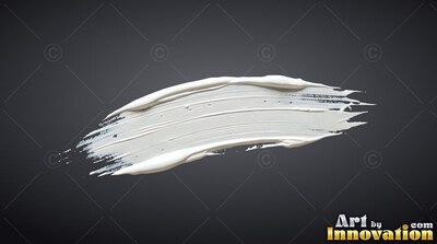 Curving horizontally on a black background, a wide white paint smear sweeps right