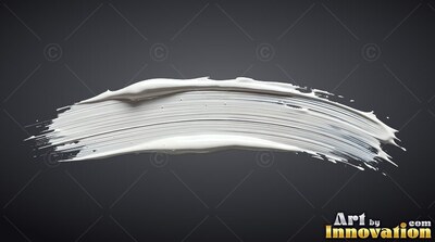 Curving horizontally over a dark gray space, a thick white paint stroke sweeps sideways