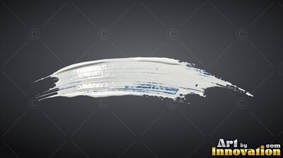 On a plain dark gray background, a single curved stroke of broad white paint arches across