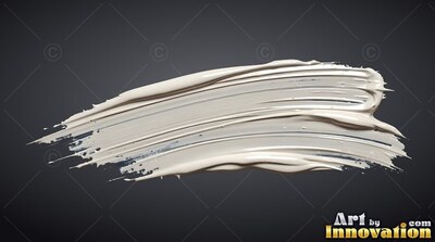 Glossy raised ridges sweep through a thick stroke of white paint on a black backdrop