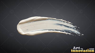 A dense white paint stroke sweeps horizontally through a dark gray background with soft top lighting