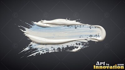 Spread horizontally over a dark gray surface, broad white paint sweeps