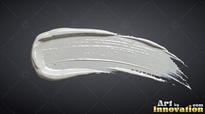 On a deep gray background, a single curved stroke of thick white paint curves across